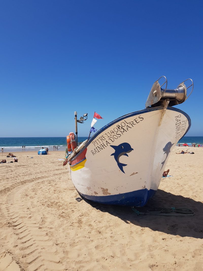 Fischerboot mit Delfinbild am Bug am Strand