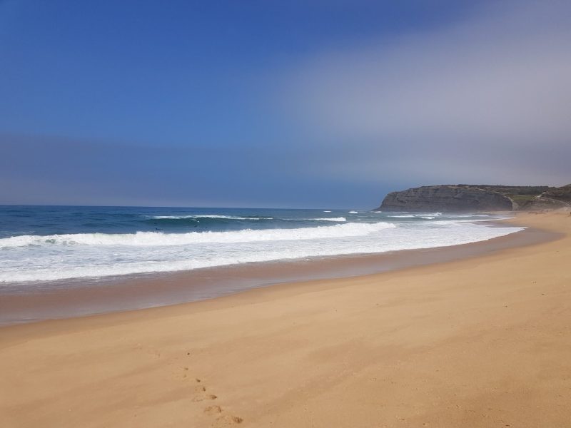 endloser Sandstrand, Meer mit Wellen mit vielen Wellenreitern